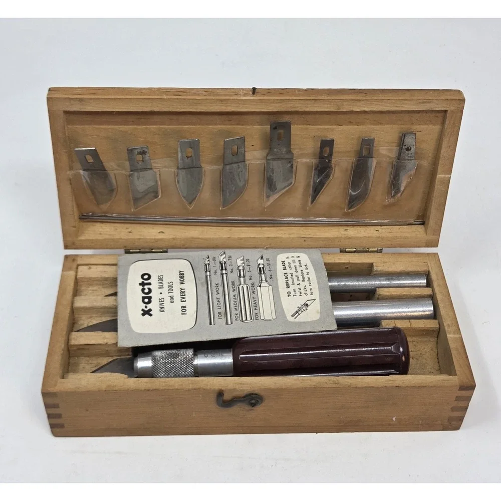 Vintage 1950s X-Acto Knife Set Wood Box USA Handle & Blades